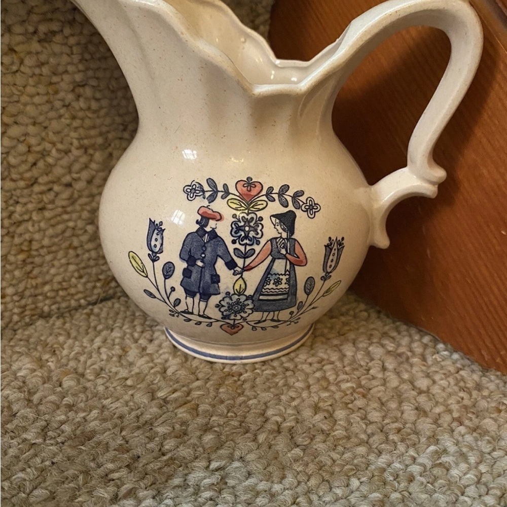 Vintage Enesco Cream Ceramic Pitcher with Blue Floral Design